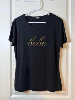bebe Black Short Sleeve Tee with Gold Stud Script Logo
